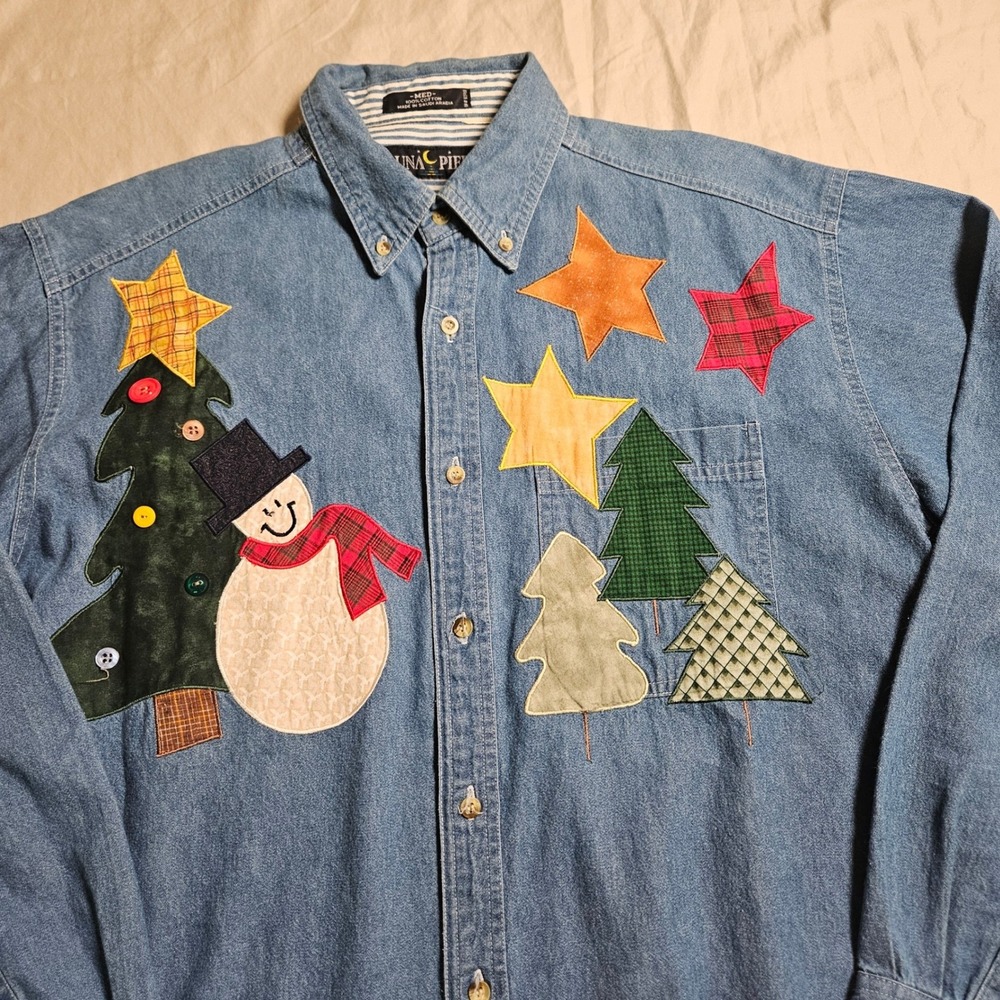 Luna Pier Christmas Snowman Tree Applique Denim Button Down Shirt Womens M